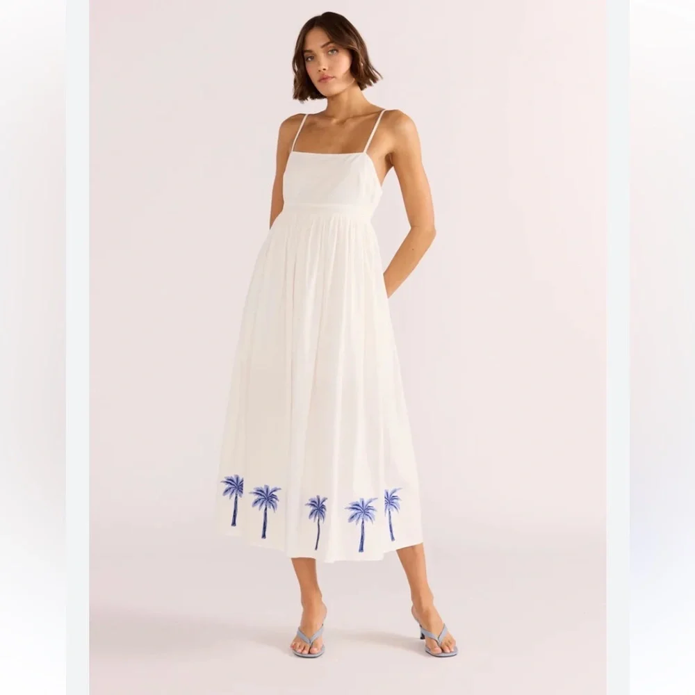 MinkPink White tropical palm tree embroidered midi dress - Picture 2 of 10